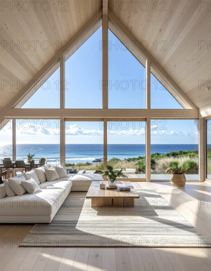 Peaceful A-frame cabin interior with ocean views, real estate lifestyle and travel destination, Comfortable minimalist sanctuary embraced by natural beauty and stunning coastal scenery, clear blue sky, AI generated
