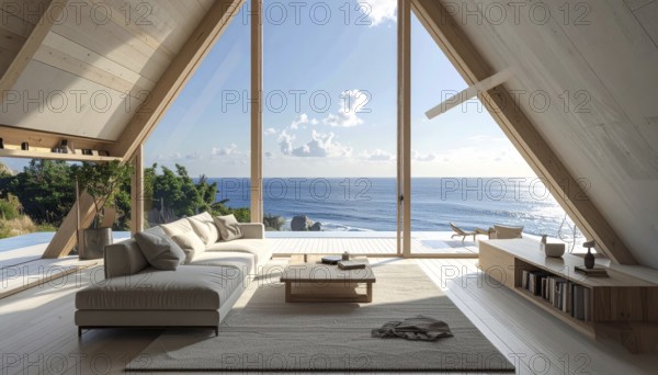 Peaceful A-frame cabin interior with ocean views, real estate lifestyle and travel destination, Comfortable minimalist sanctuary embraced by natural beauty and stunning coastal scenery, clear blue sky, AI generated