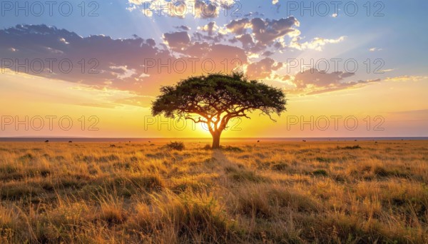 Single acacia tree in the savannah at sunset, solitude in the wild, dry grass in the foreground, yellow sky with colorful clouds, AI generated