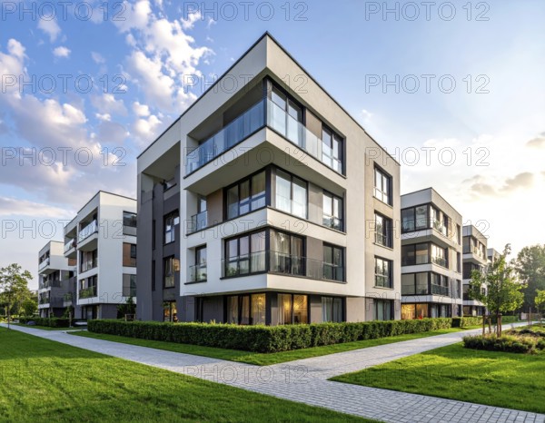 New modern block of flat, condo architecture, Residential apartment as a flat, luxury house complex, City real estate property, green garden plants in front, clear blue sky with golden evening light, AI generated