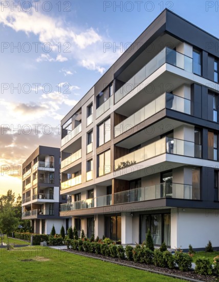 New modern block of flat, condo architecture, Residential apartment as a flat, luxury house complex, City real estate property, green garden plants in front, clear blue sky with golden evening light, AI generated