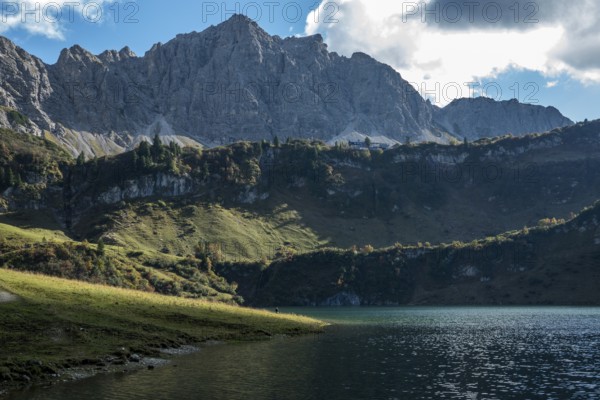 Traualpsee, in the back of Lachenspitze, Allgäu Alps, Tannheim, Tyrol, Austria
