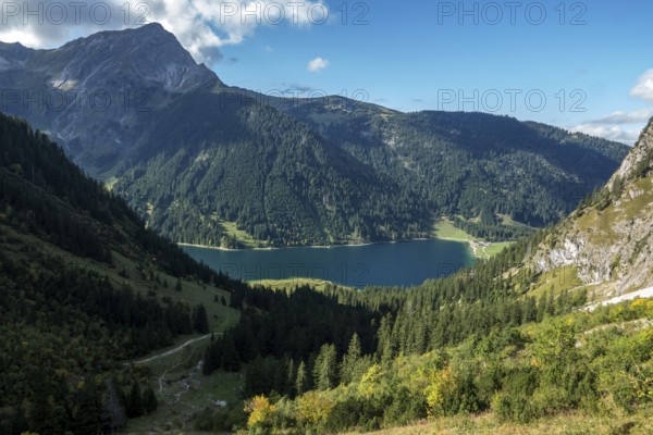 View of Vilsalpsee, Allgäu Alps, Tannheim, Tannheimer Tal, Tyrol, Austria