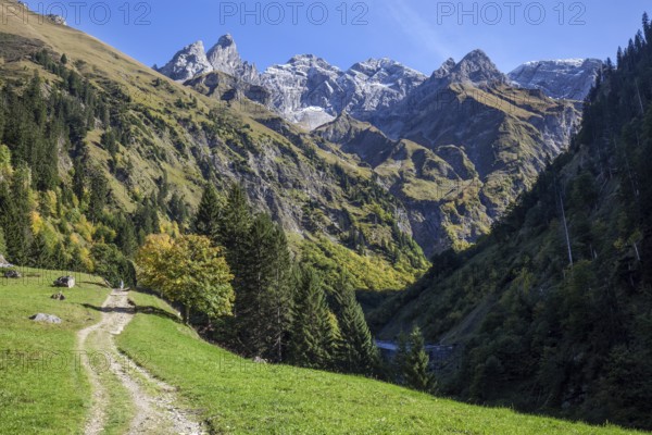Hiking trail in Bacherloch Valley, back mountains of the Allgäu Alps with Trettachspitze, Mädelegabel and Hochfrottspitze, autumn atmosphere, autumn-colored trees, near Einödsbach, Oberstdorf, Oberallgäu, Allgäu, Bavaria Germany