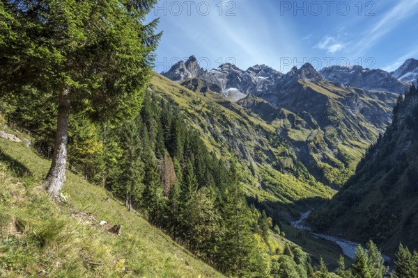 View of the Bacherloch Valley, in the back mountains of the Allgäu Alps with Trettachspitze, Mädelegabel, Hochfrottspitze and Bockkarkopf, near Einödsbach, Oberstdorf, Oberallgäu, Bavaria Germany