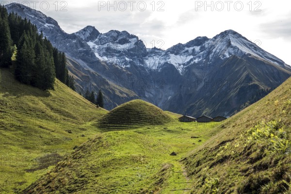 View of Hintere Einödsberg-Alpe, back mountains of the Allgäu Alps with Wilder Mann and Linkerskopf, Einödsbach, Oberstdorf, Oberallgäu, Allgäu, Bavaria Germany