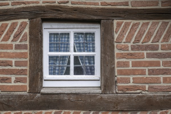 A half-timbered house window with wooden beams and blue checkered curtains, surrounded by red tiles, Münsterland, North Rhine-Westphalia, Germany