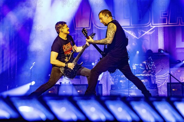 Flemming C. Lund (live guitarist) and Michael Poulsen (singer and guitarist) from Volbeat as part of the Greatest Of All Tours Worldwide 2025 at the ZAG Arena in Hanover on 21.10.2025