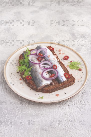 Sandwiches, Herring fish, on dark rye bread, sprinkled with onion, chili pepper and herbs, on a light plate