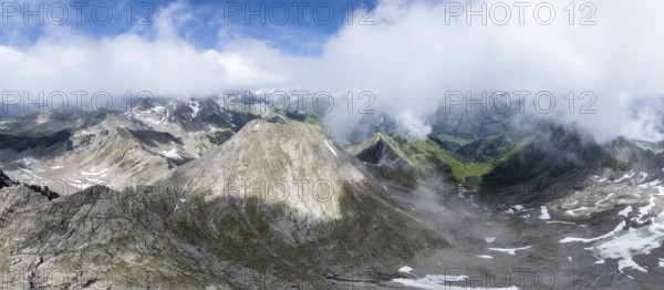 360° alpine panorama, aerial view, Lasörling summit, Lasörling Group, Hohe Tauern, East Tyrol, Austria