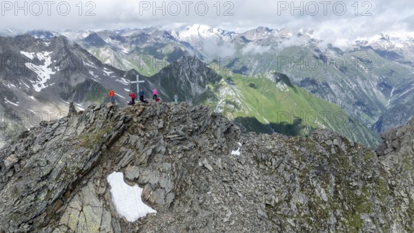 Hikers at the summit, aerial view, Lasörling summit, Lasörling Group, Hohe Tauern, East Tyrol, Austria