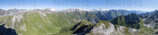 360° alpine panorama, aerial view with summit of Grossvenediger, Venediger Group and Lasörling Group, Hohe Tauern, Austria