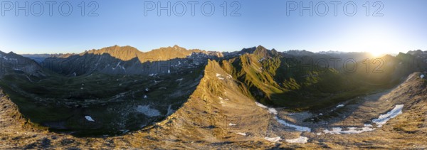 Sunrise 360° Alpine panorama, aerial view of Bachlenkenkopf, summit of the Großvenediger, Venediger Group and Lasörling Group, Hohe Tauern, Austria