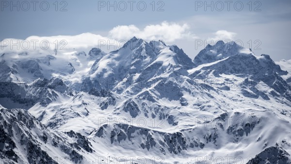 View of mountain panorama with mountain peaks of the Bernina Group, mountain landscape in winter, Albula Alps, Rhaetian Alps, Grisons, Switzerland