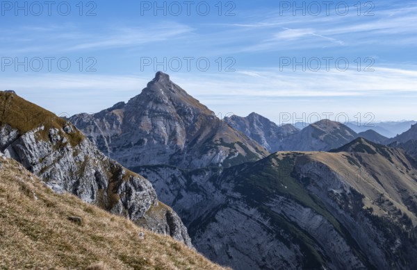 Mountain landscape with distinctive peaks under clear sky, eastern Karwendel, Tyrol, Austria
