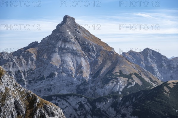 Dominating mountain peak under clear blue sky, eastern Karwendel, Tyrol, Austria