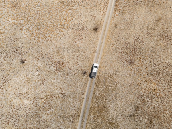 Top-down view, aerial view, car on lonely road in dry countryside, Botswana