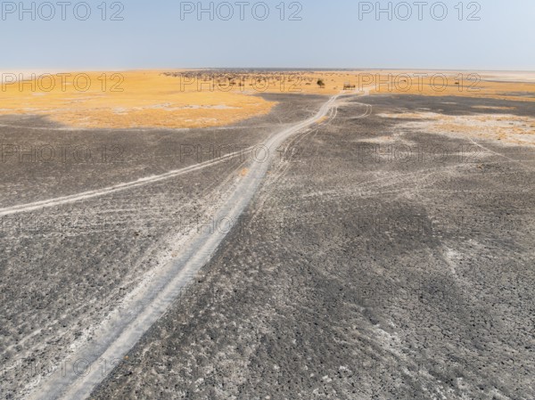 Aerial view, tire tracks on a salt pan, arid landscape, Botswana