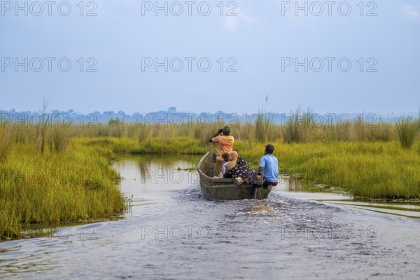 Boat with tourists in Mabamba Swamp, Tourists, Mabamba Swamp, Lake Victoria, Uganda