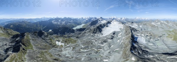 Alpine panorama, aerial view, Mont de la Blana, view of rocky mountain landscape, Mont Blanc de Cheilon mountain peak with glacier, Lac des Dix reservoir, Valais Alps, Valais, Switzerland