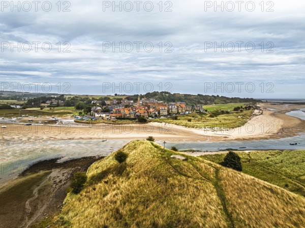 Alnmouth and River Aln Estuary from drone, Alnwick, Northumberland, England, United Kingdom
