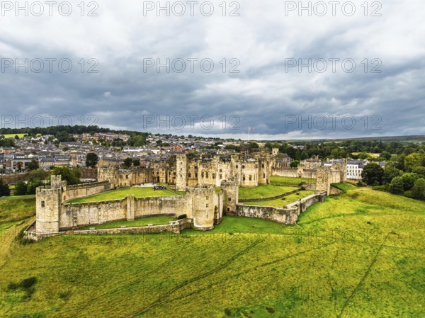 Alnwick Castle from a drone, Alnwick, Northumberland, England, United Kingdom