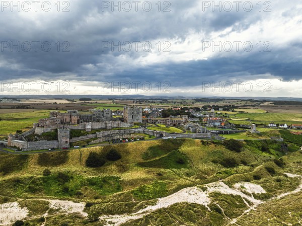Bamburgh Castle from a drone, Northumberland, Northeast Coast, England, United Kingdom