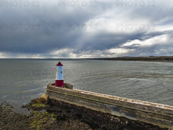 Berwick Pier and Lighthouse from a drone, Berwick-upon-Tweed, England, United Kingdom