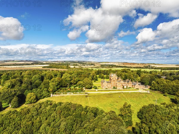 Ayton Castle from a drone, Ayton, Eyemouth, Scottish Borders, Scotland, UK