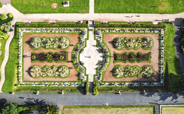 Top Down view over Italian Garden in Abbey Park from drone, Torquay, Torbay, Devon, England, United Kingdom