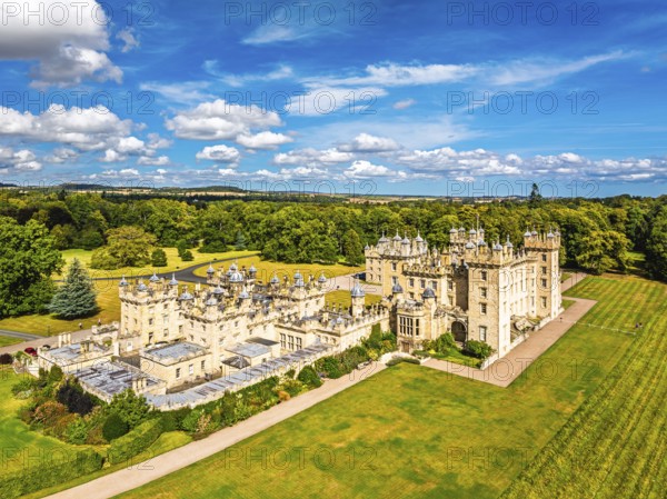 Floors Castle and garden from a drone, Duke of Roxburghe, Roxburghshire, Scotland, UK