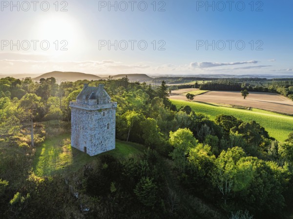 Fatlips Castle from a drone, Minto Crags, River Teviot, Roxburghshire, Scottish Borders, Scotland, UK