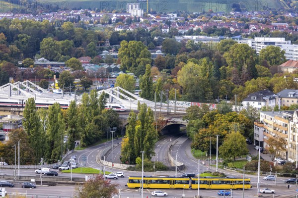 Bridges across the Neckar in Bad Cannstatt with Rosenstein Park. The ICE is still running on the old Rosenstreinbrücke. When the new main train station is completed, the trains will travel across the new Neckar bridge behind it. Stuttgart, Baden-Württemberg, Germany