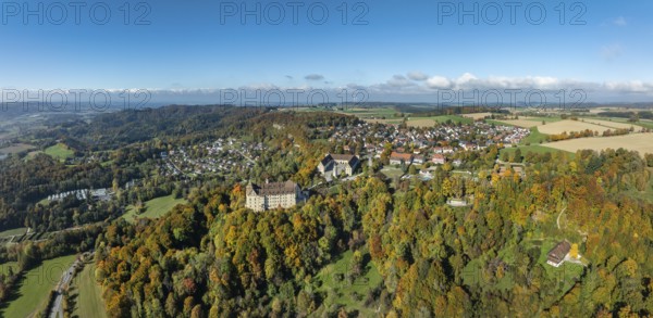 Aerial view, panorama of Heiligenberg Castle, a Renaissance-style palace complex, Tübingen administrative district, Lake Constance, Linzgau, Baden-Württemberg, Germany