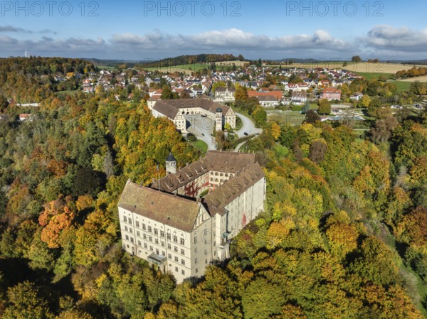 Aerial view of Heiligenberg Castle, a Renaissance-style palace complex, Tübingen administrative district, Lake Constance, Linzgau, Baden-Württemberg, Germany