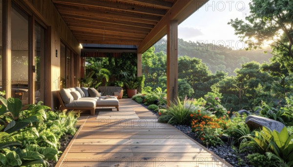 An eco-friendly porch designed for sustainable living in an environmentally-conscious home, lush greenery, landscape bathed in warm sunlight, AI generated