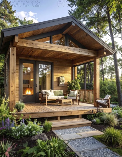 An eco-friendly porch designed for sustainable living in an environmentally-conscious home, lush greenery, landscape bathed in warm sunlight, AI generated