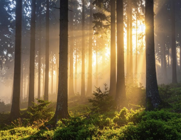 Sunlight streaming through a dense, misty forest, Fog covered forest in summer with mystic golden sunlight, spring morning landscape, backlight sunshine with sunbeams, AI generated