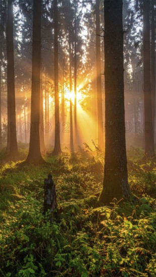 Sunlight streaming through a dense, misty forest, Fog covered forest in summer with mystic golden sunlight, spring morning landscape, backlight sunshine with sunbeams, AI generated