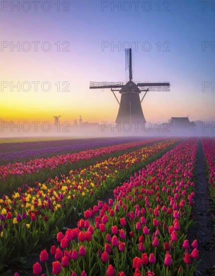 Fog covered landscape in sunrise with tulip fields and windmill in background, AI generated