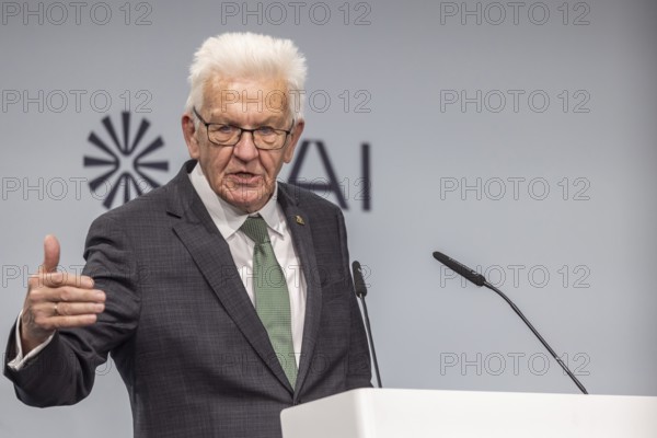 Winfried Kretschmann (Greens), Minister-President of Baden-Württemberg. portrait at the lectern with free text space. ground-breaking ceremony ceremony for the Innovation Park for Artificial Intelligence (IPAI), Heilbronn, Baden-Württemberg, Germany