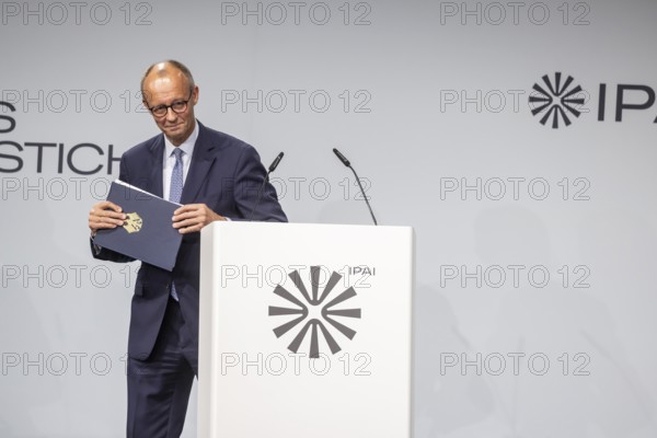 Federal Chancellor Friedrich Merz (CDU) . Step away from the lectern. ground-breaking ceremony ceremony for the Artificial Intelligence Innovation Park (IPAI) . Heilbronn, Baden-Württemberg, Germany