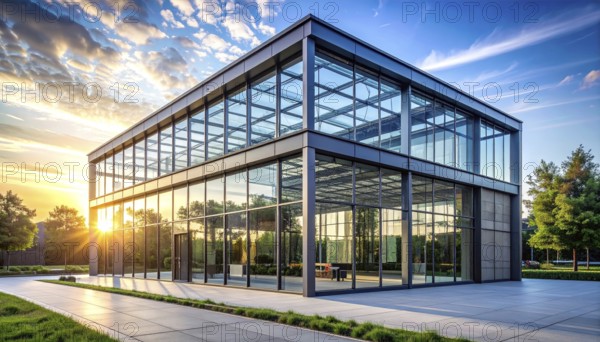 Modern architectural framework with glass and steel structure, glass facade with a greed of steel arrows, blue sky with a soft golden light of a sunrise, AI generated