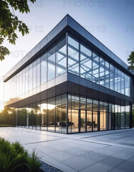 Modern architectural framework with glass and steel structure, glass facade with a greed of steel arrows, blue sky with a soft golden light of a sunrise, AI generated