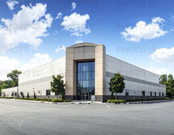 Modern supermarket building exterior against blue sky, Inviting white facade, some clouds, concept of shopping and consume, AI generated