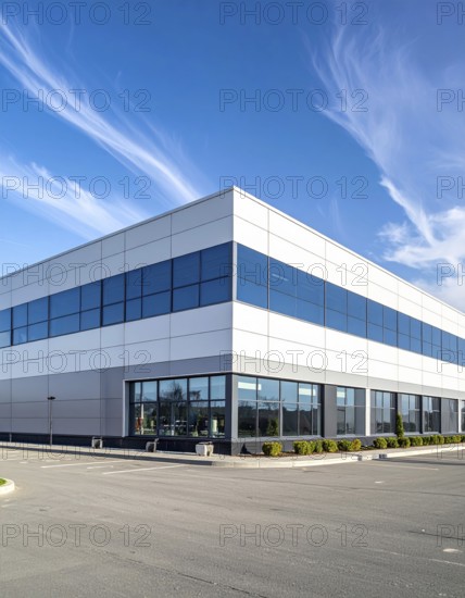 Modern supermarket building exterior against blue sky, Inviting white facade, some clouds, concept of shopping and consume, AI generated