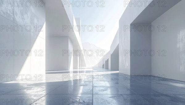 3d illustration of abstract modern architecture background, Minimal geometry architectural design, futuristic car presentation backdrop with empty concrete floor and clear simple lines, white and grey color tones, AI generated