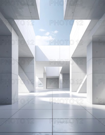 3d illustration of abstract modern architecture background, Minimal geometry architectural design, futuristic car presentation backdrop with empty concrete floor and clear simple lines, white and grey color tones, AI generated
