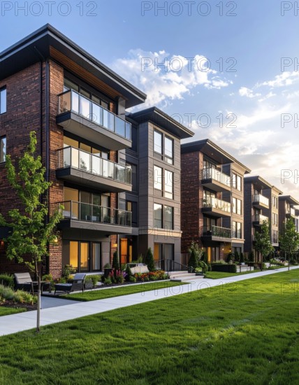 Modern apartment building with balconies and well-kept landscaping at sunset, Modern multifamily housing property with brick, siding facade features balconies, manicured lawns. Contemporary residential buildings offer urban living spaces, condominium options in scenic town, blue sky with a colorful sunrise, AI gererated, AI generated