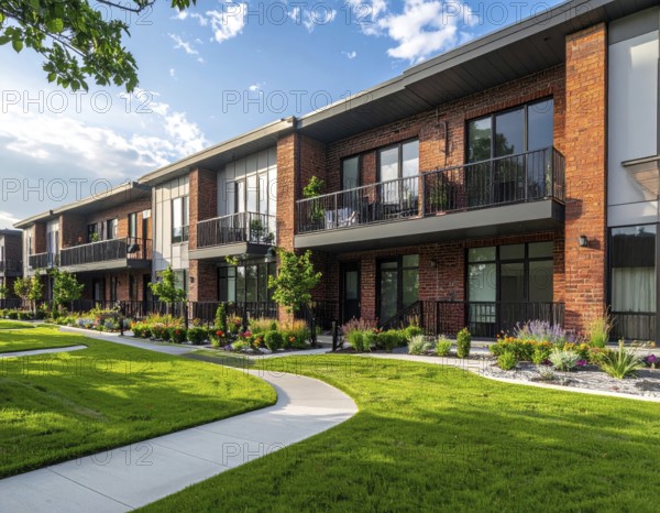 Modern apartment building with balconies and well-kept landscaping at sunset, Modern multifamily housing property with brick, siding facade features balconies, manicured lawns. Contemporary residential buildings offer urban living spaces, condominium options in scenic town, blue sky with a colorful sunrise, AI gererated, AI generated